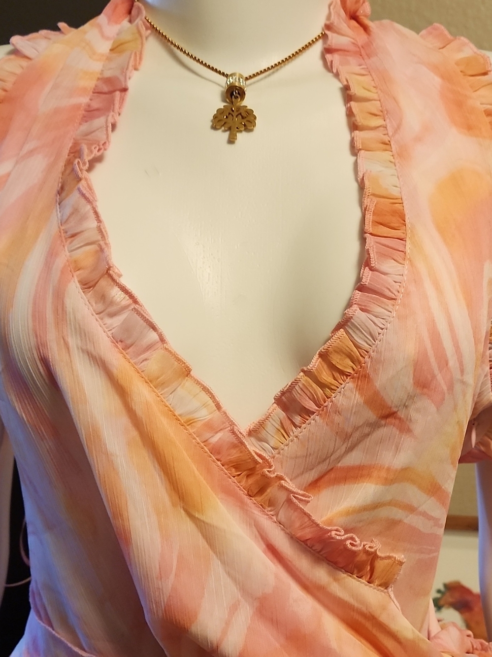 Peach-Pattern Ruffle Wrap Mini Dress - Picture 2 of 9
